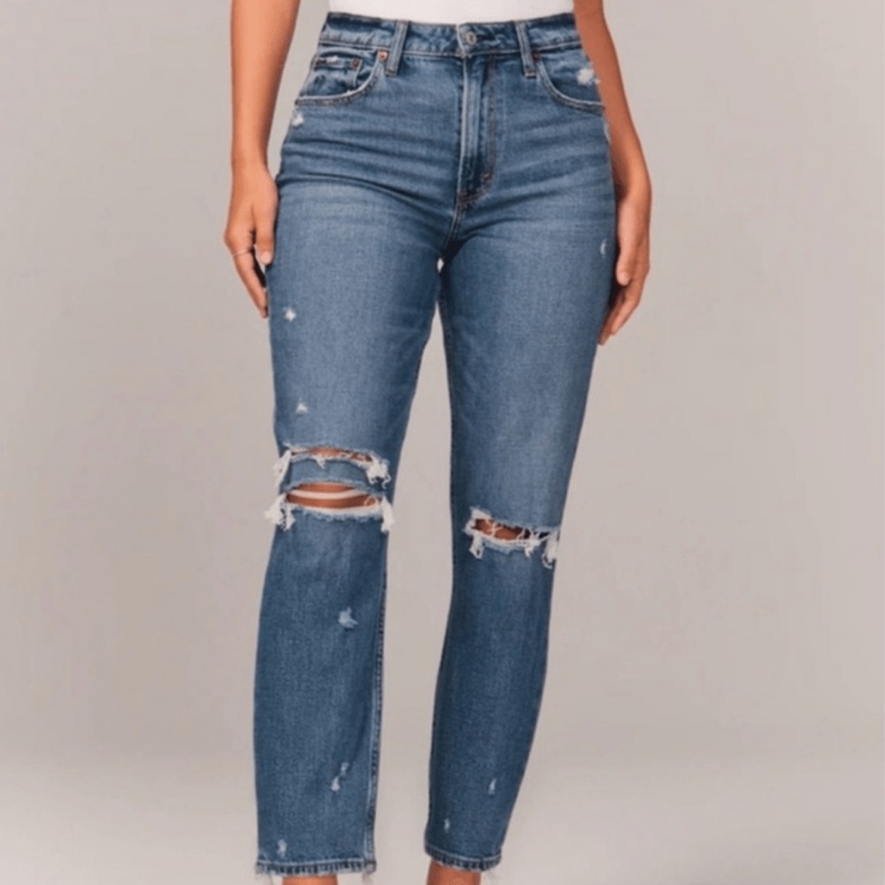 Size 26 | 2 Abercrombie & Fitch Curve Love Mom High Rise Blue Distressed Jeans